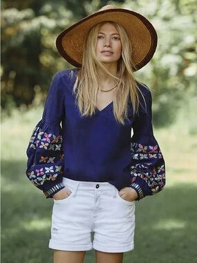 Anthropologie Sz 8 Maeve Sonja Embroidered Blouse Balloon Sleeve Navy